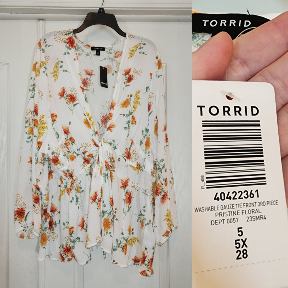 NEW 5X Torrid White Floral Tie-Front Cardigan, Lightweight Washable Gauze